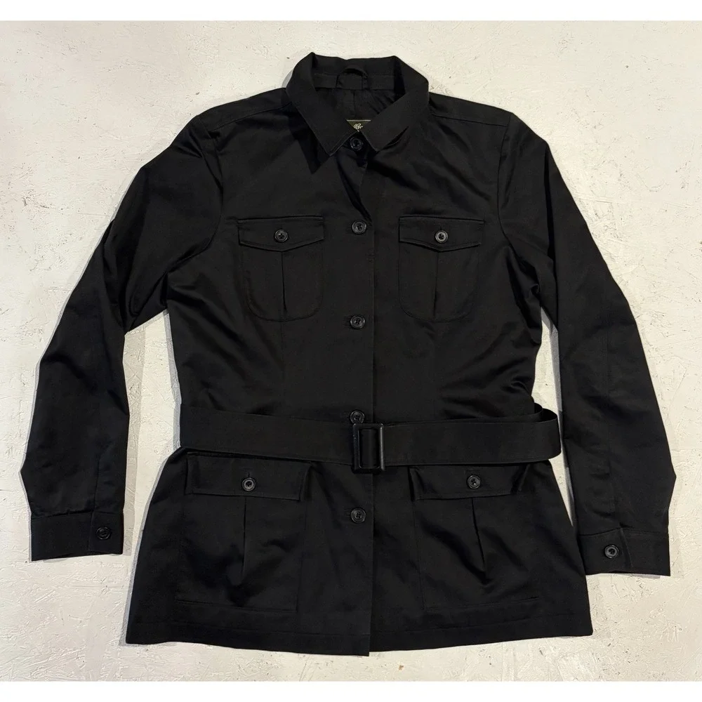 Eddie Bauer Womens Black Belted Jacket Short Overcoat Size Large Button Collared